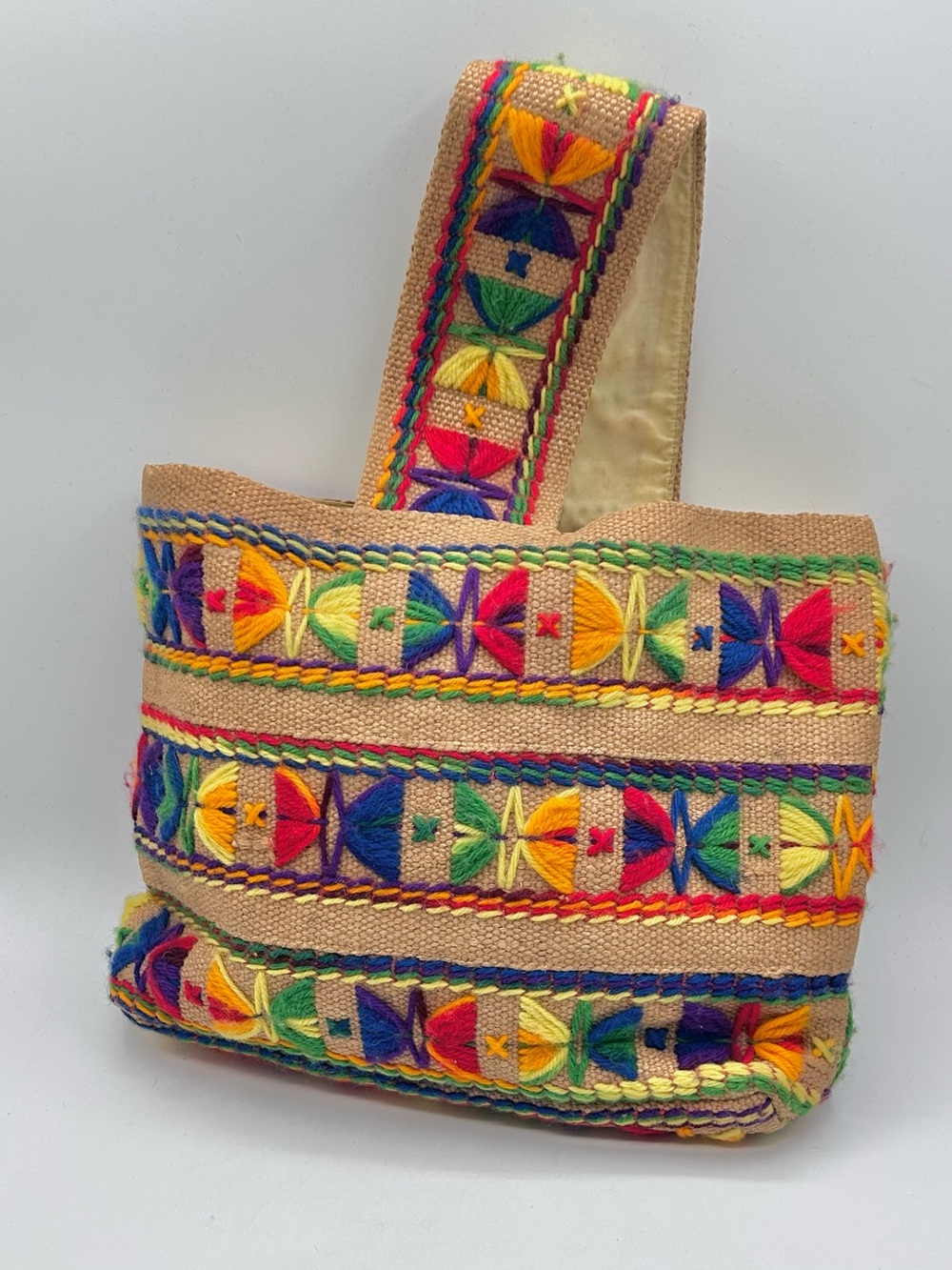 Vintage 70s Burlap Purse Bag Tote Multi Color Embroidery BOHO Hippie 14" - Picture 7 of 11
